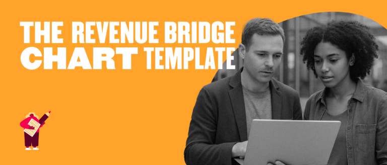 revenue bridge chart template, two professionals reviewing data on a laptop against an orange background