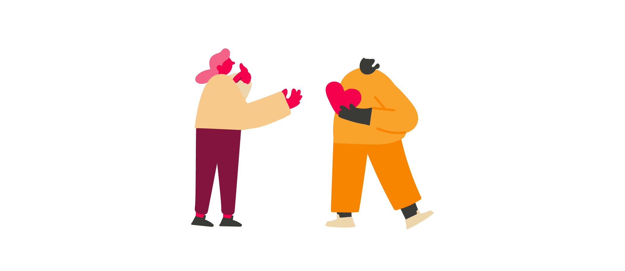 colorful illustrations of two diverse individuals exchanging hearts, symbolizing love and connection in a playful style
