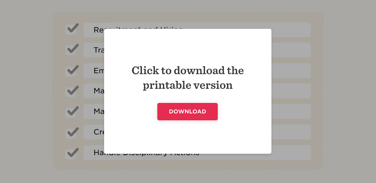 clickable download button for a printable version of HR tasks and checklist items, HR checklist and downloadable resource preview