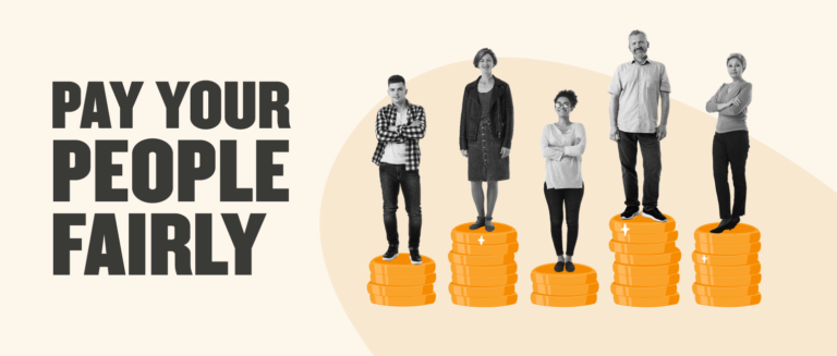 pay your people fairly, diverse individuals standing on stacked coins promoting fair wages