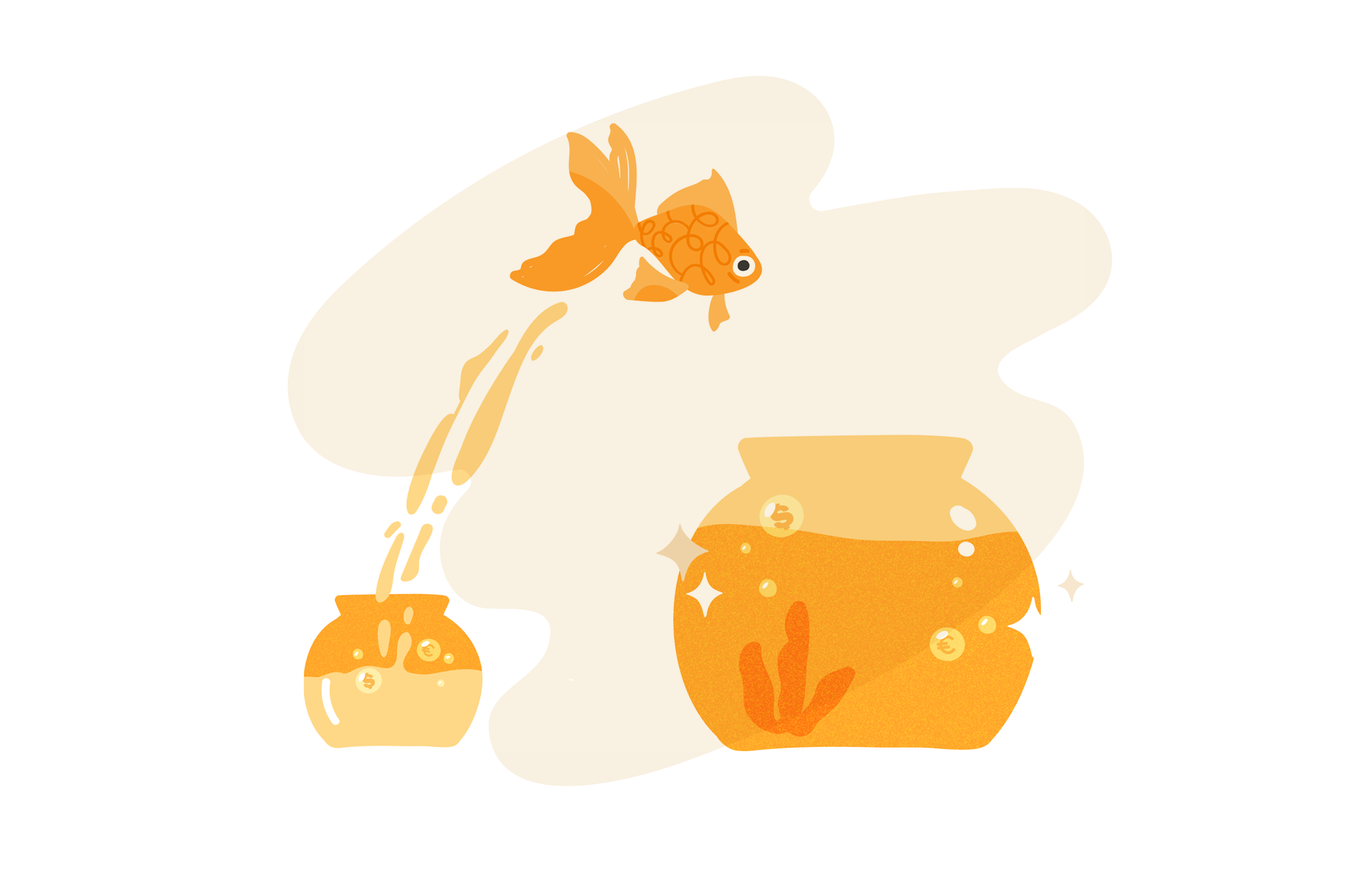goldfish leaping above a sparkling fishbowl with orange hues and bubbles, capturing a playful underwater scene, colorful fishbowl illustration
