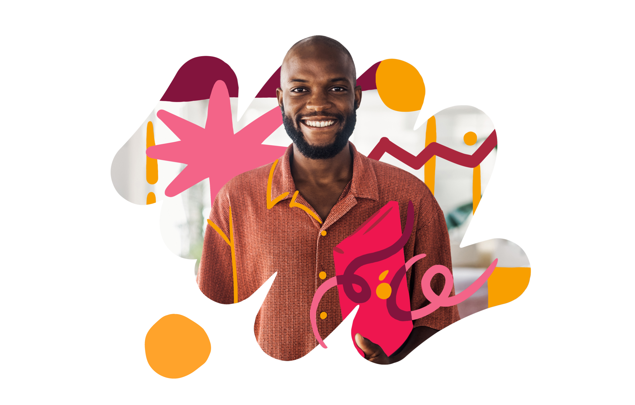 man smiling, colorful abstract patterns