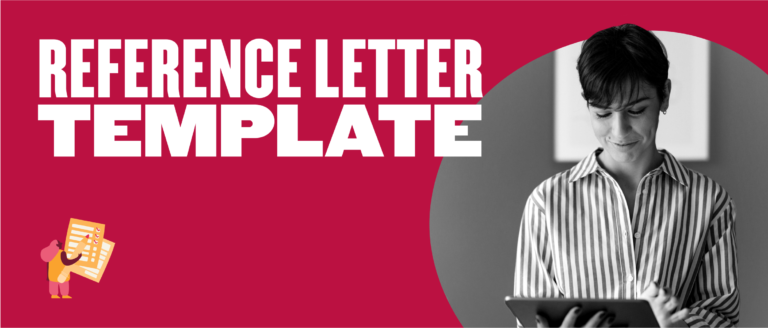 reference letter template, person using tablet with striped shirt against a bold red background
