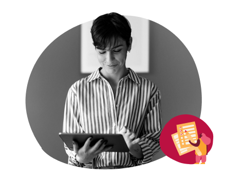 woman using tablet, striped shirt smiling