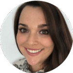 smiling woman with long brown hair and natural makeup in a circular portrait, friendly expression against a neutral background
