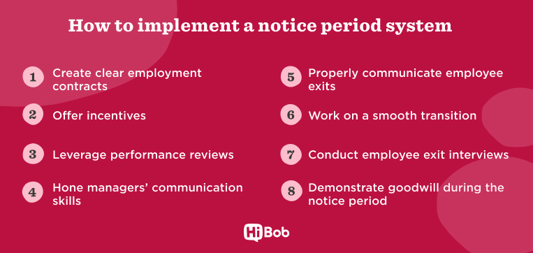 An infographic outlining how to implement a notice period system. Create clear employment contracts, offer incentives, leverage performance reviews, hone manager communication skills, properly communicate employee exits, work on a smooth transition, conduct employee exit interviews and demonstrate goodwill during the notice period