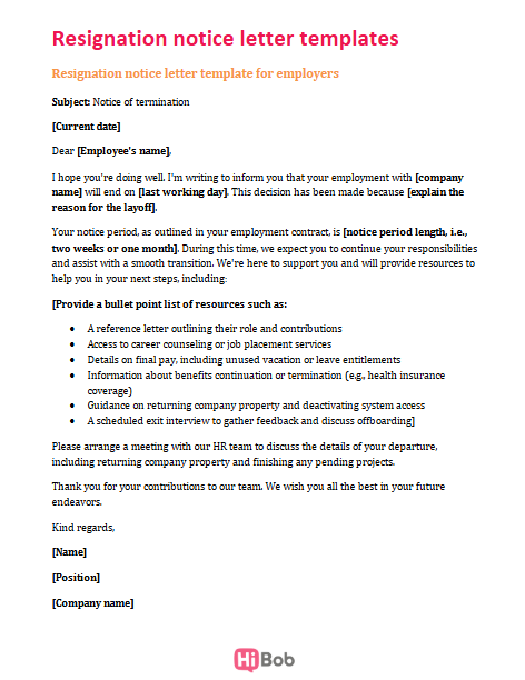 resignation notice letter template for employers, formal template providing resources for transitioning employees during resignation
