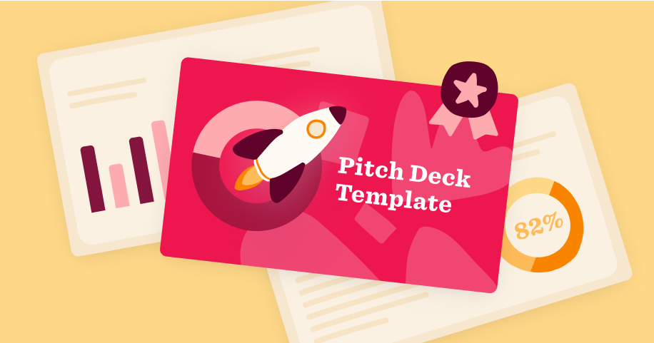 Illustration of a “Pitch Deck Template” card with charts and a rocket icon symbolizing presentation and business growth
