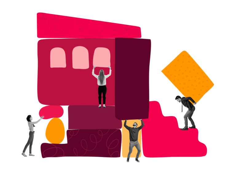 people building a colorful abstract structure with vibrant shapes and blocks, collaborative teamwork in creative design project