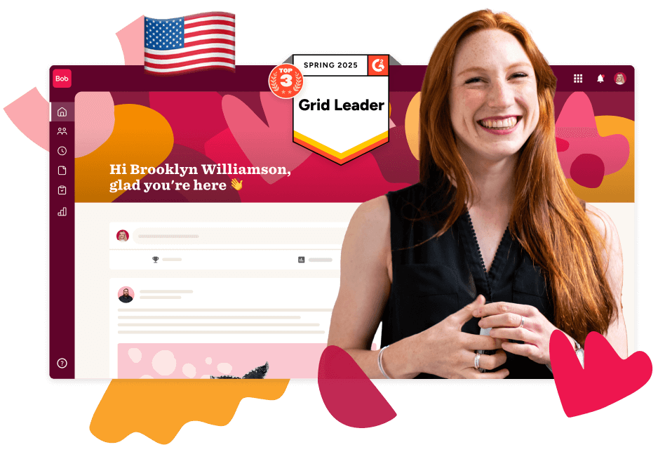 smiling woman in front of a colorful digital interface showcasing messages and recognition, colorful interface with "Grid Leader" badge