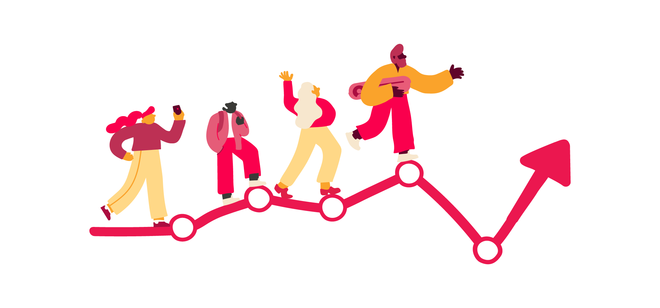 people walking on a growth chart with upward arrows, encouraging movement and positive progress, vibrant illustration of diverse figures on a success path