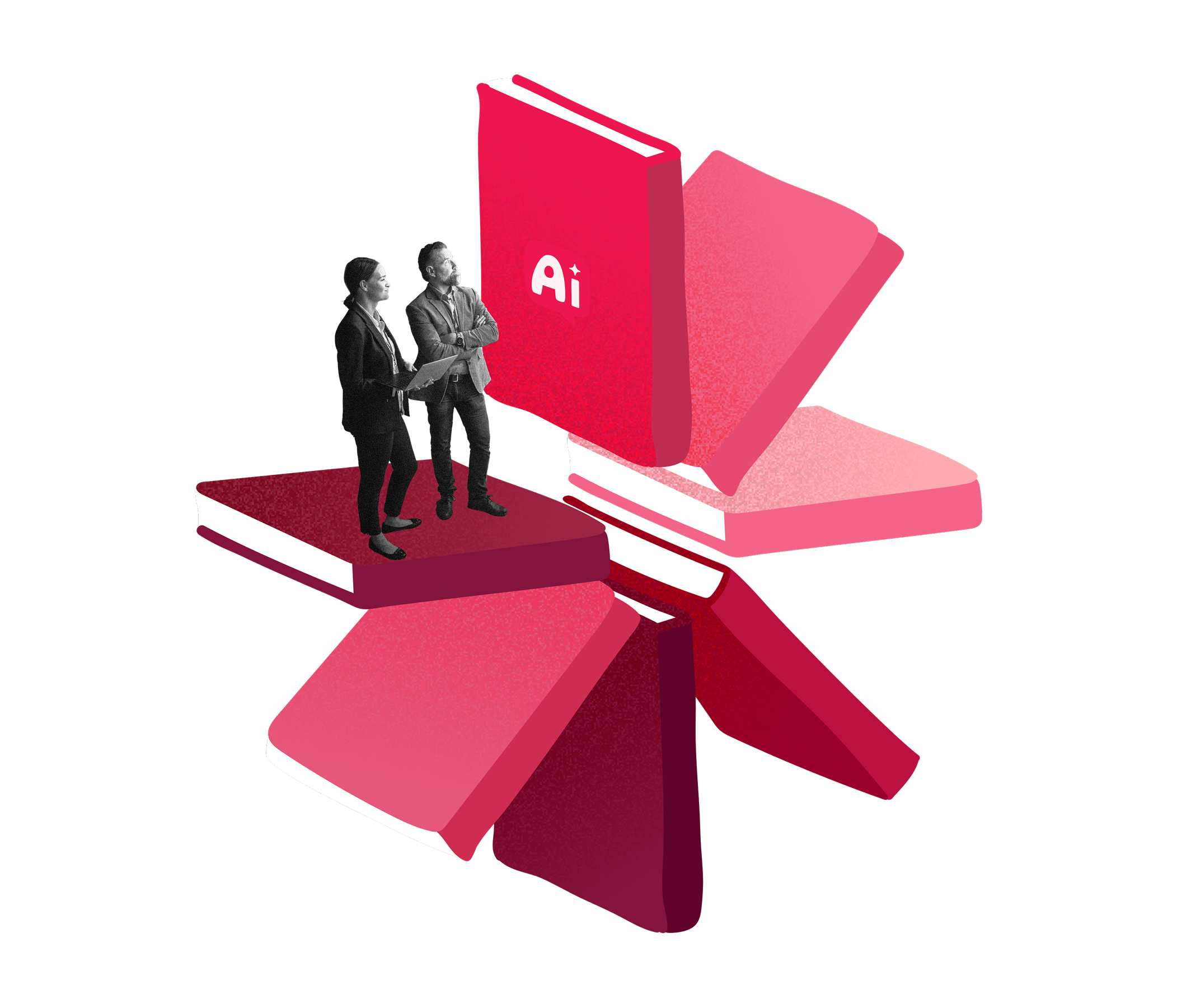 Two people standing on a stack of oversized pink books, including one labeled ‘AI’.