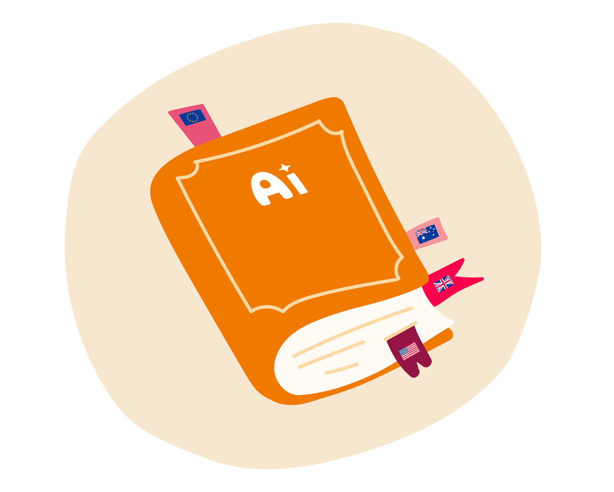 Illustrated book labeled ‘AI’ with colorful page markers.
