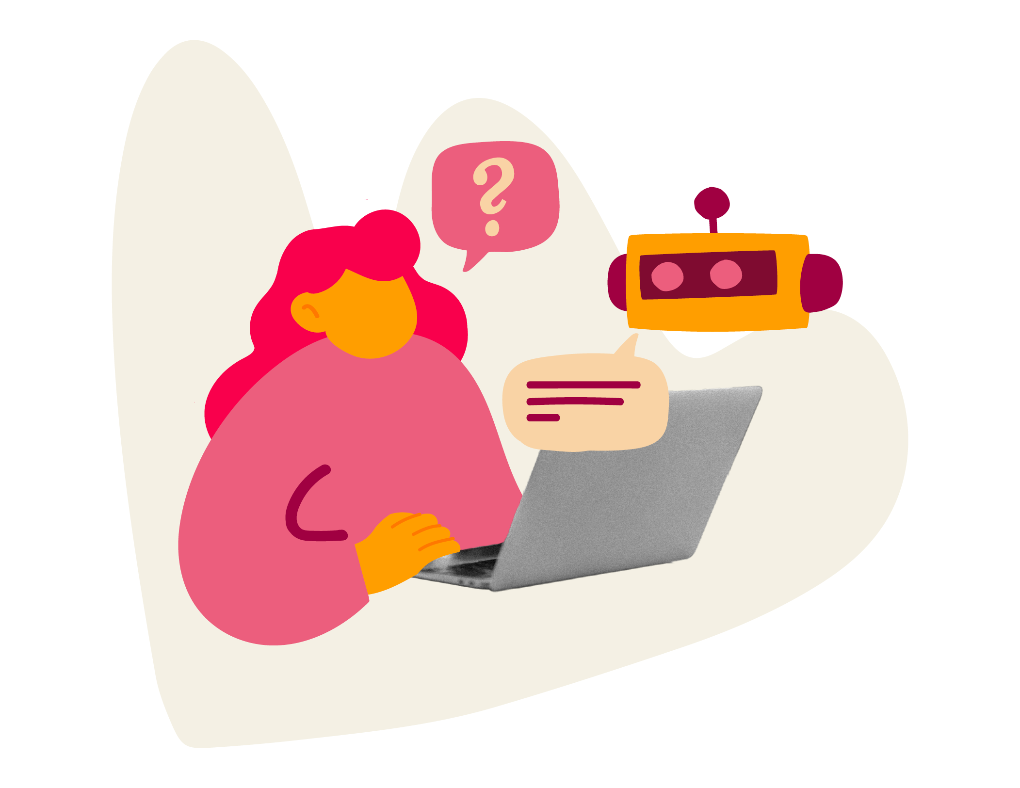 Illustration of a person at a laptop talking with a chatbot.