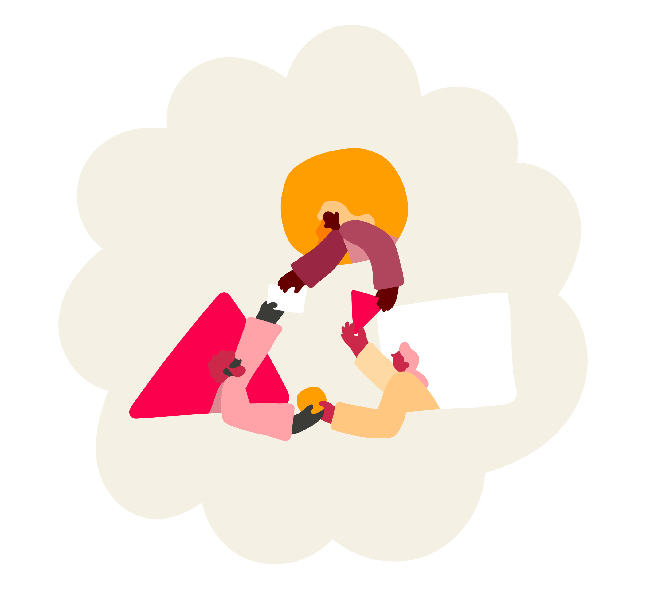 Illustration of people reaching toward shared shapes in a collaborative pose.