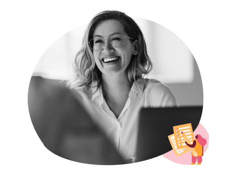 smiling professional woman in a white shirt at her workspace, cheerful workplace ambiance with digital notes illustration