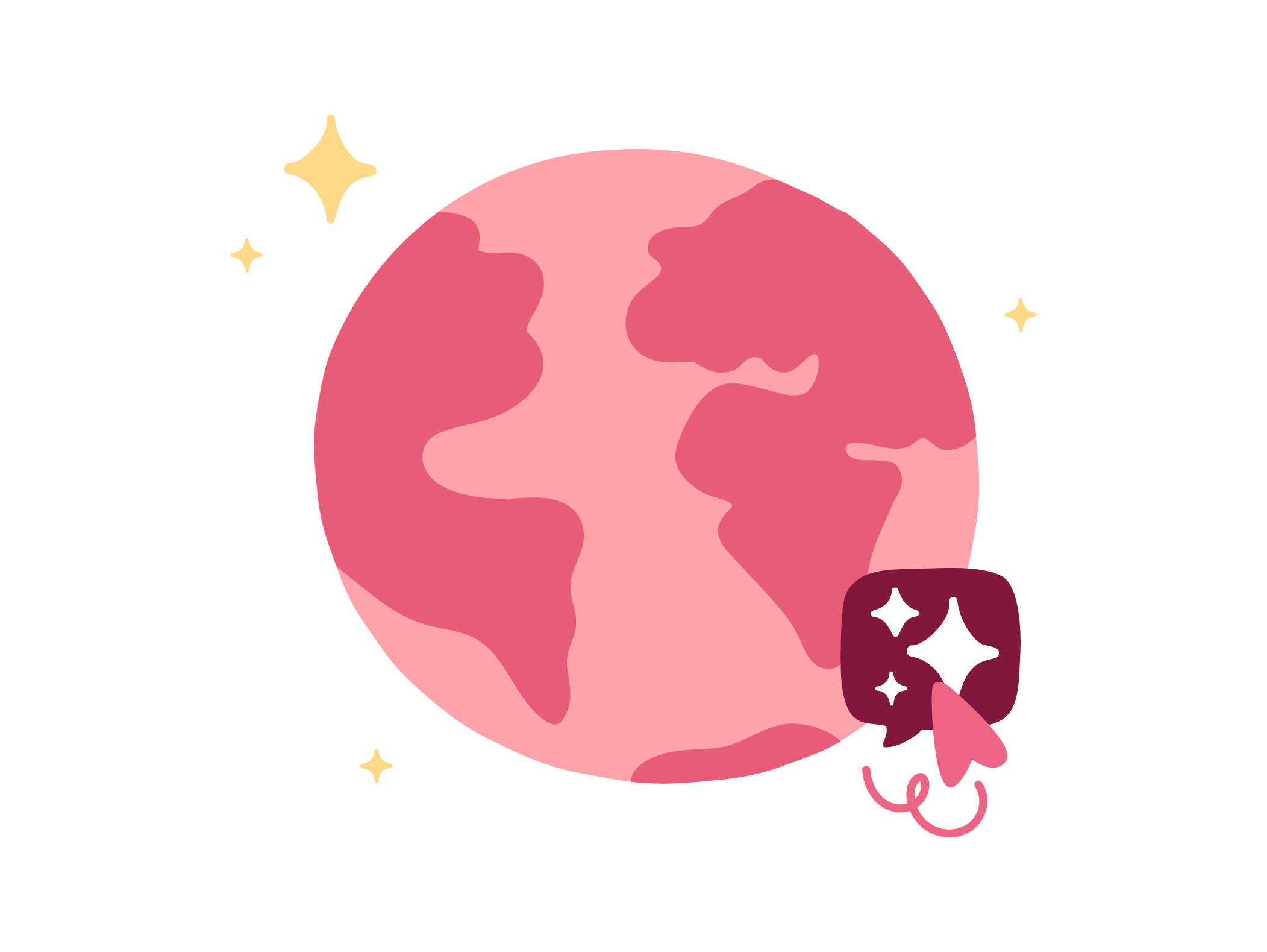 Pink illustrated globe with sparkles and a cursor clicking a shining icon