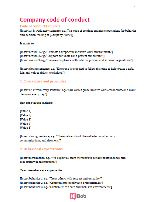 Screenshot of a code of conduct template