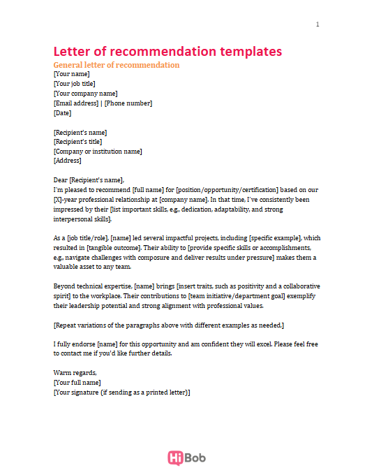 Screenshot of a letter of recommendation template