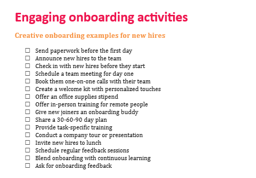 Imagery of an onboarding activities checklist