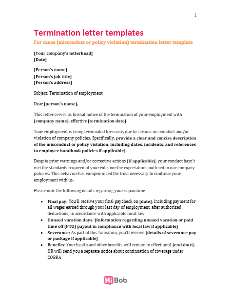 Screenshot of the termination letter templates.