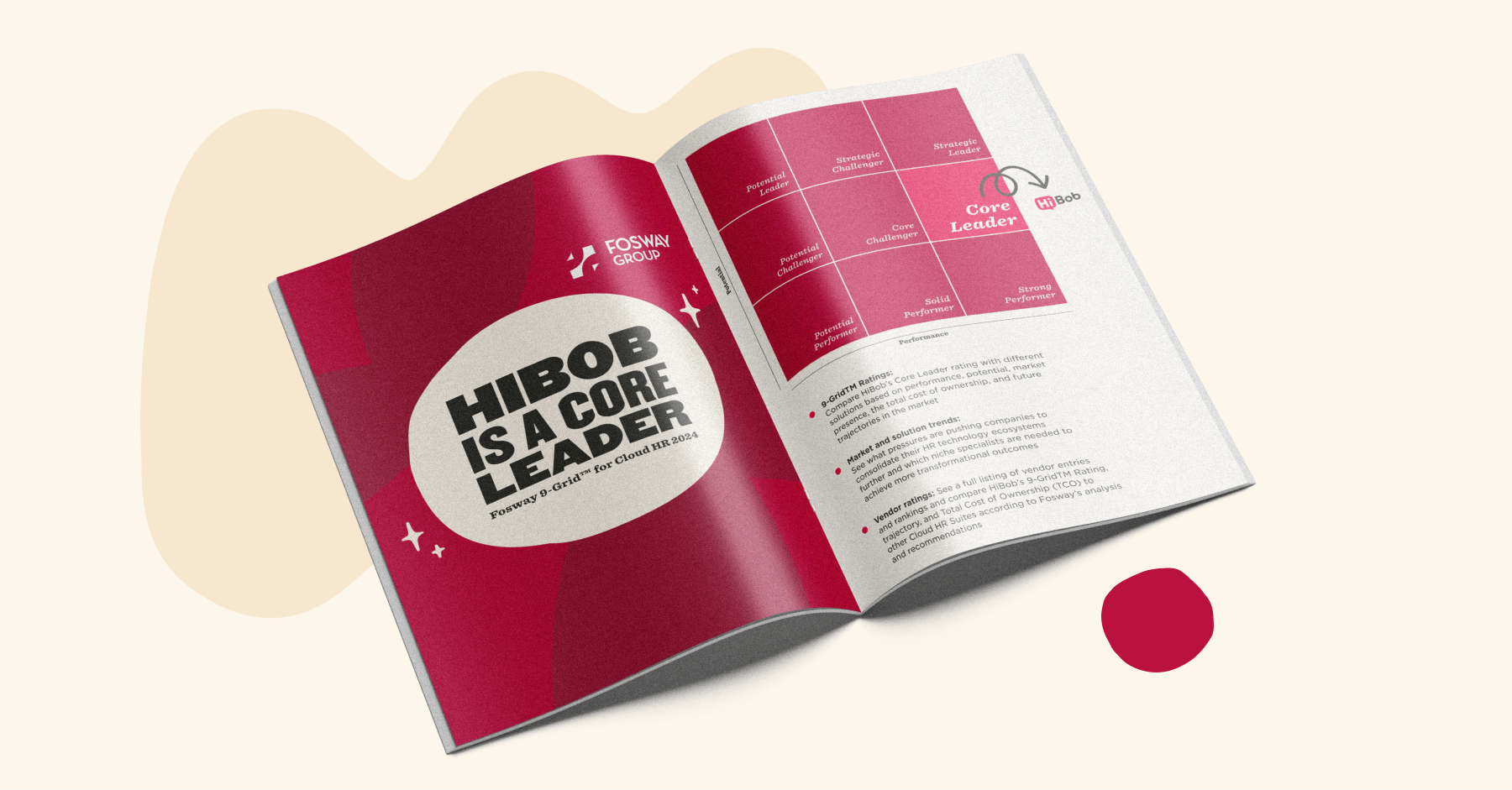 HIBOB as a Core Leader in HR - Fosway 9-Grid™ with performance metrics and strategic insights displayed in an open booklet., HR, FoswayGrid2024