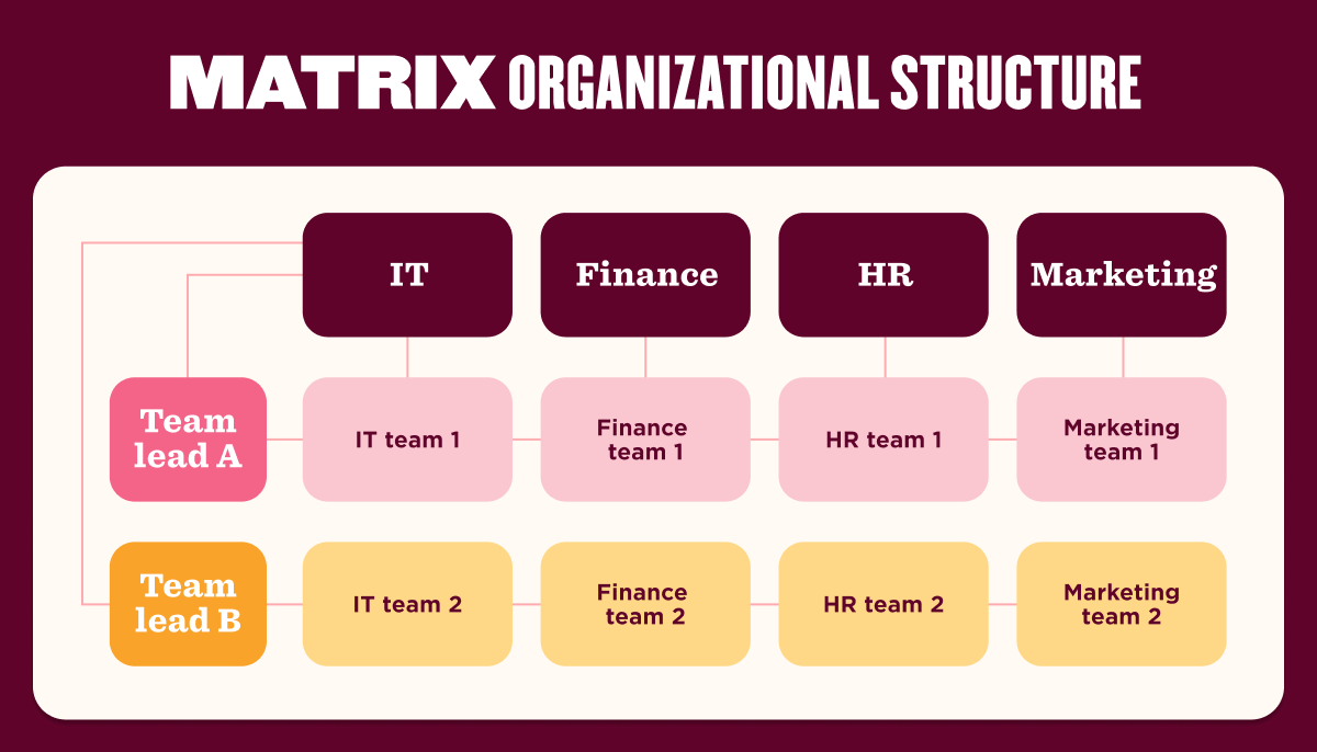 Matrix organizational structure diagram showing functional departments across the top (IT, Finance, HR, and Marketing) and team leads down the side (Team Lead A and Team Lead B). Employees are grouped into cross-functional teams, illustrating dual reporting lines to both a functional manager and a team lead.
