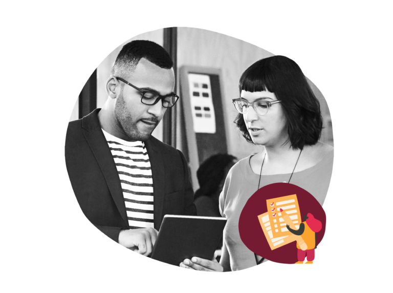 professional collaboration, two individuals discussing on a tablet in a modern workspace