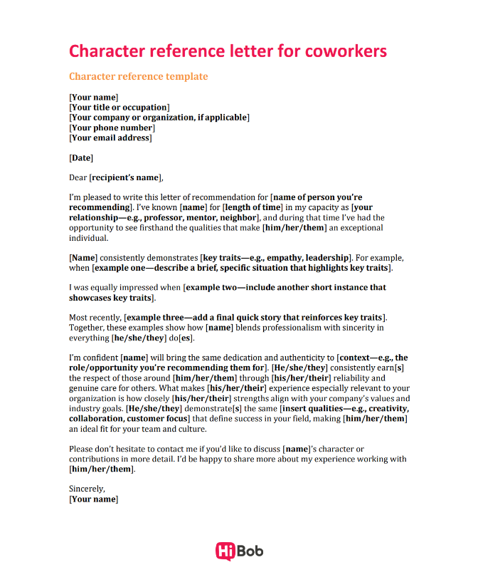 Screenshot of the character reference letter template