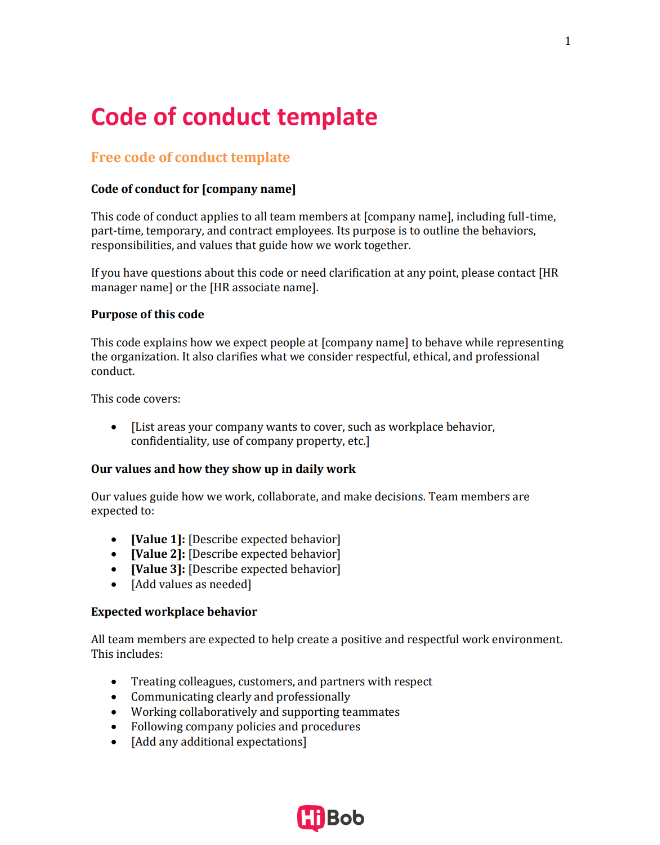 Screenshot of a code of conduct template