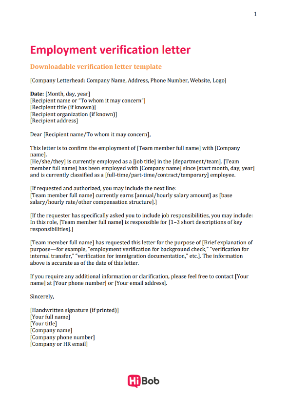 Imagery of the employment verification letter template