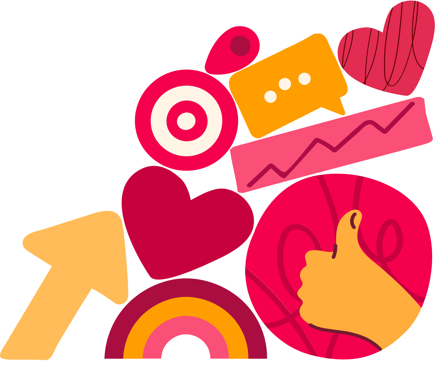 Colorful abstract icons including a target, chat bubble, heart, upward arrow, line graph, rainbow, and thumbs-up