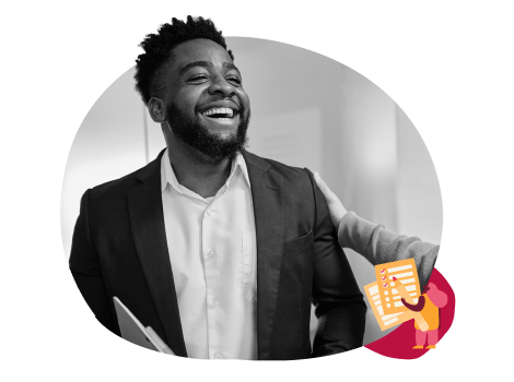smiling businessman in a suit with a document, engaging in a friendly conversation, professional environment with supportive interaction
