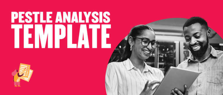 PESTLE analysis template with two smiling professionals reviewing a digital document together on a tablet, business collaboration, teamwork