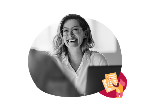 smiling woman with glasses at a desk, illustration of notes and coffee cup in a creative workspace