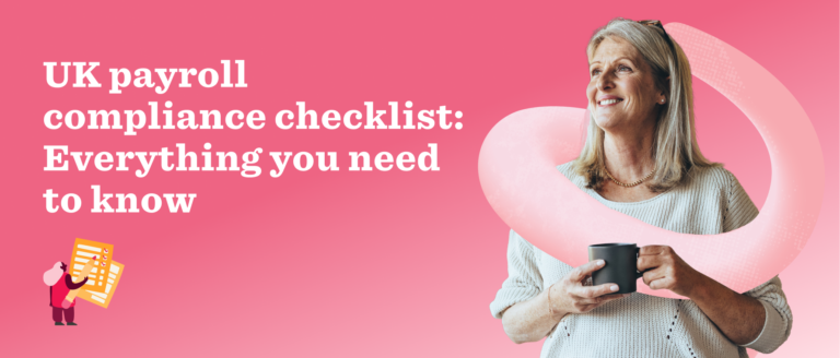 UK payroll compliance checklist graphic featuring a smiling woman with a coffee cup on a vibrant pink background. Checklist symbol., UK payroll compliance graphic, Woman enjoying coffee with checklist in vibrant design