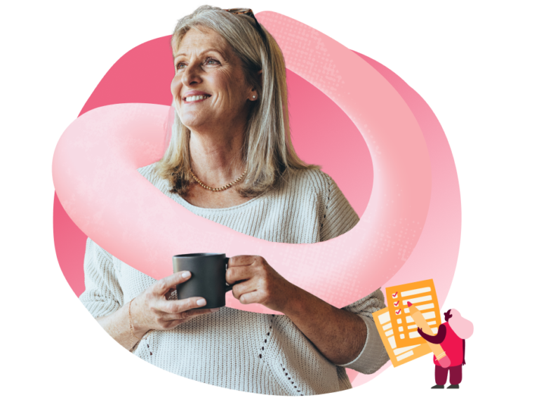 smiling woman holding a coffee cup, graphic illustration of a checklist in a colorful background