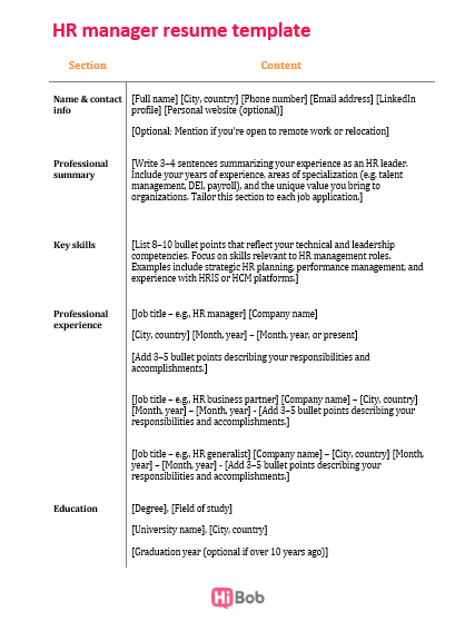 Screenshot of an HR manager template