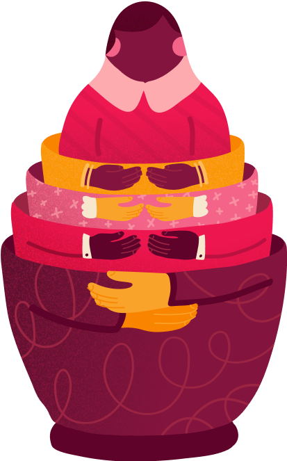 Stacked figures hugging themselves, symbolizing comfort, care, and emotional support.