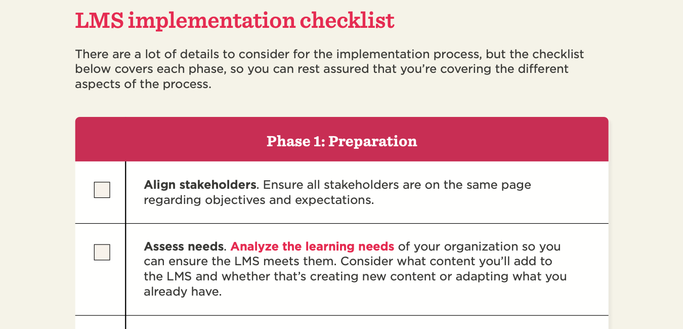 LMS implementation checklist emphasizing stakeholder alignment and assessing learning needs in preparation phase., LMS checklist, preparation phase