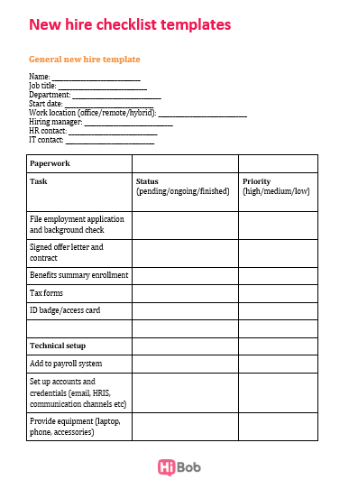 screenshot of a new hire checklist