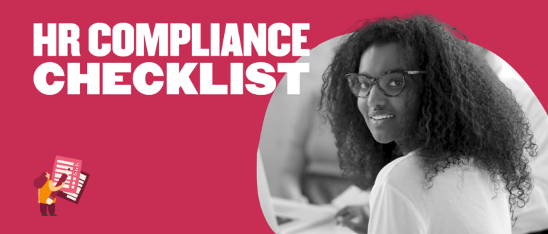 HR compliance checklist image featuring a smiling woman with curly hair wearing glasses, in a vibrant red background. , HRCompliance, ChecklistImage