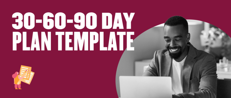 30-60-90 day plan template with a smiling man working on a laptop, featuring a colorful checklist graphic. , 30-60-90-plan, man-working-laptop