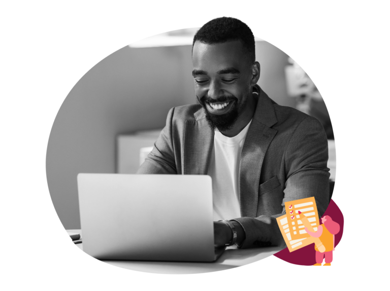 smiling man in a grey blazer using a laptop, focusing on work with a checklist graphic on the side, business productivity, remote work