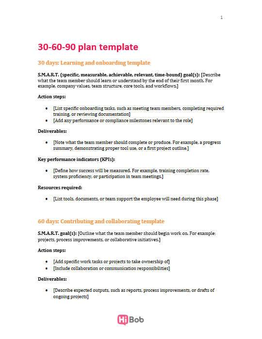 First page screenshot of the 30-60-90 day plan template