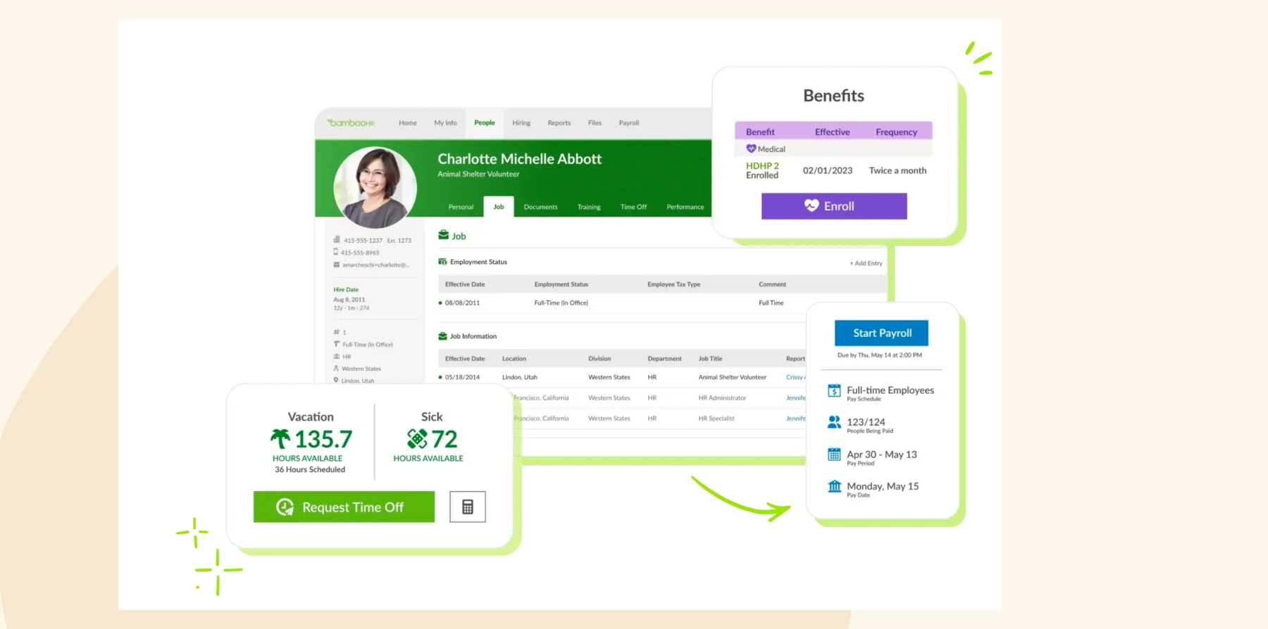 Profile dashboard for Charlotte Michelle Abbott in BambooHR, showing vacation/sick balances, payroll info, and benefits enrollment options.