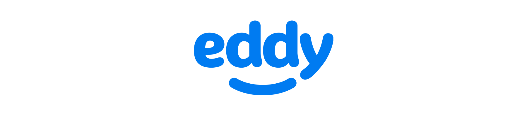 Logo for Eddy in bright blue lowercase text, with a smile-like underline.