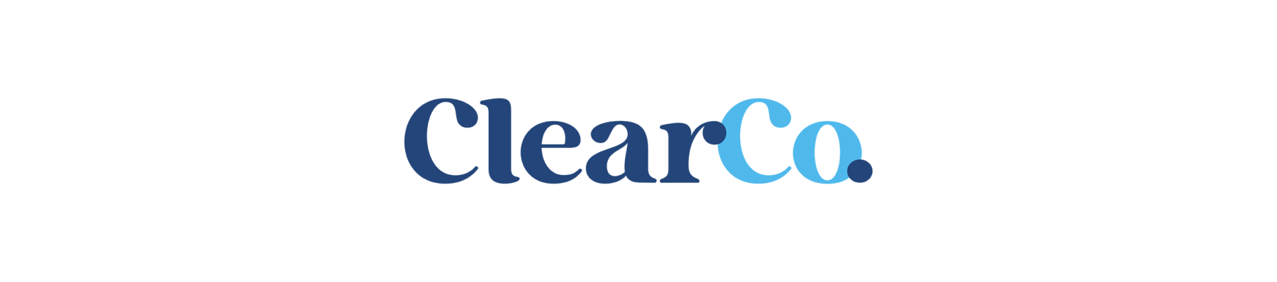 Logo for ClearCo with dark and light blue lettering and a playful dot in the “o.”