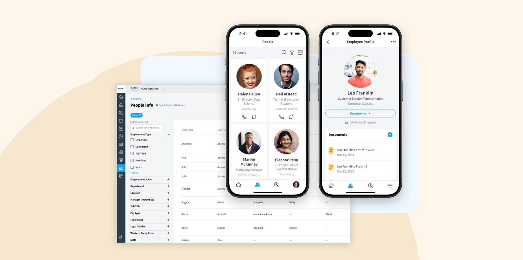 A view of Eddy’s HR platform on desktop and mobile, showing people directory, employee details, and document management for individuals like Leo Franklin and Helena Allen.