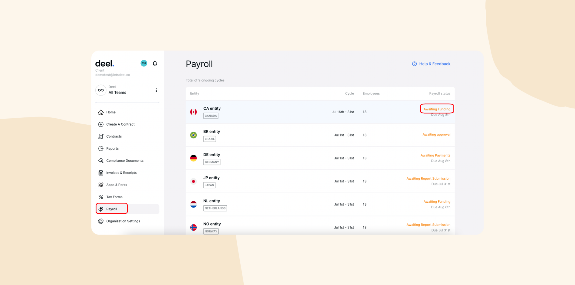 **ALT text:**
Deel payroll dashboard listing multiple global entities with payroll cycles, employee counts, and statuses such as "Awaiting Funding" and "Awaiting Approval."